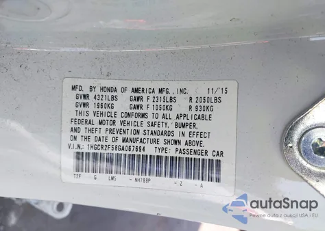 2016 Honda Accord Sport from USA, damaged, VIN 1HGCR2F58GA067694